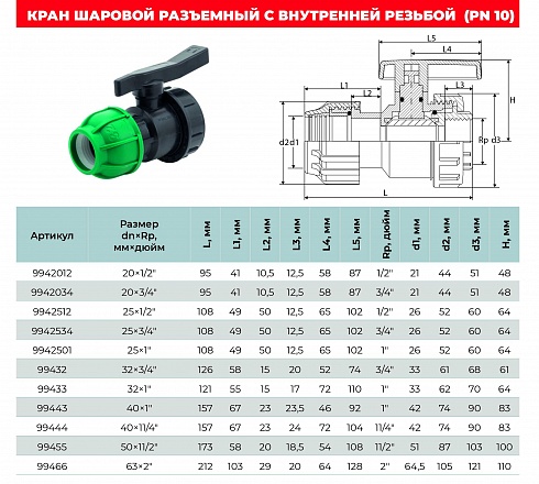 Кран шаровый ПНД Цанга-Вн 20-63 мм
